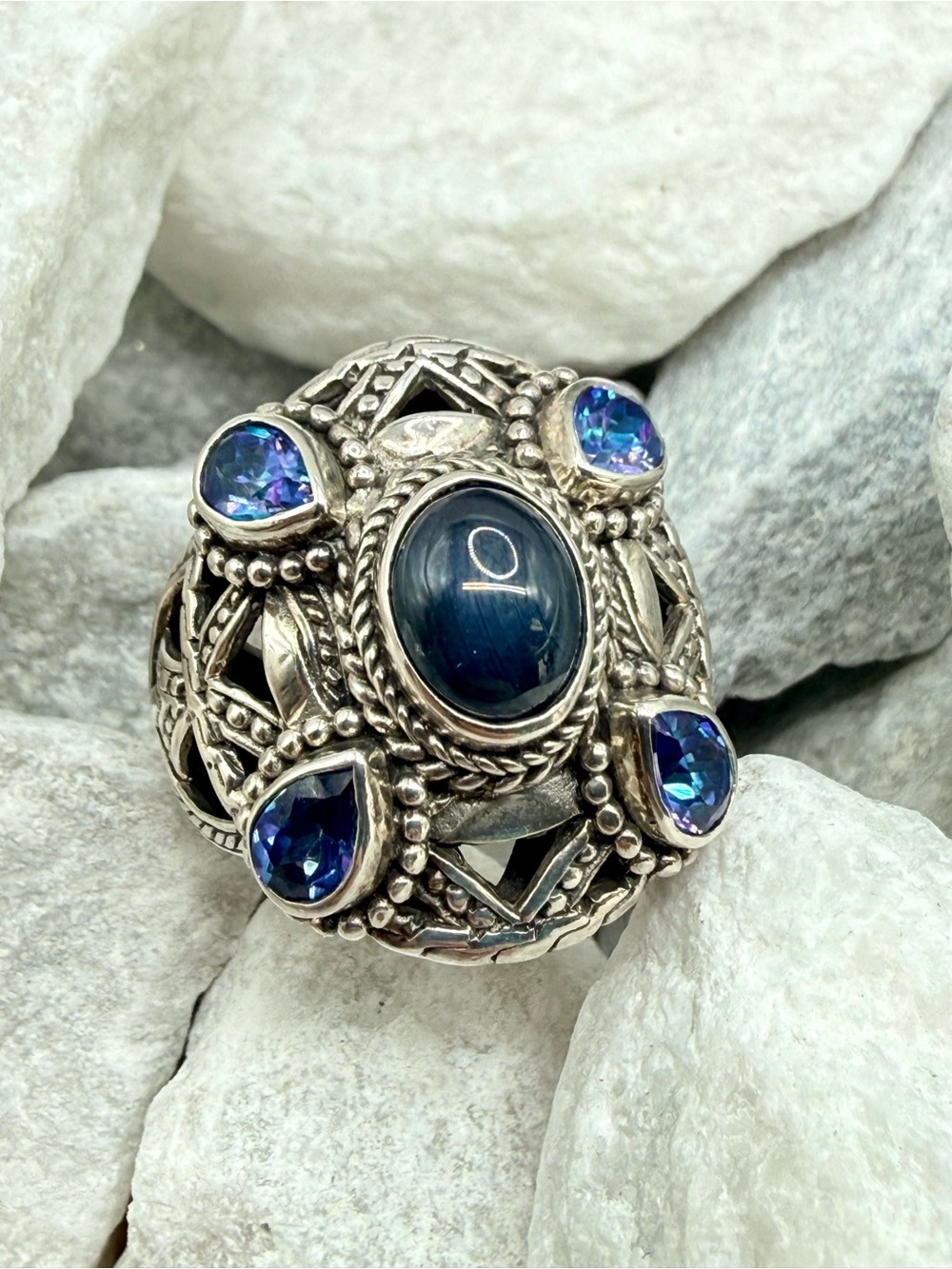 Vintage SARDA 925 Sterling Silver Sapphire Blue Topaz Statement Ring Size 8 EUC